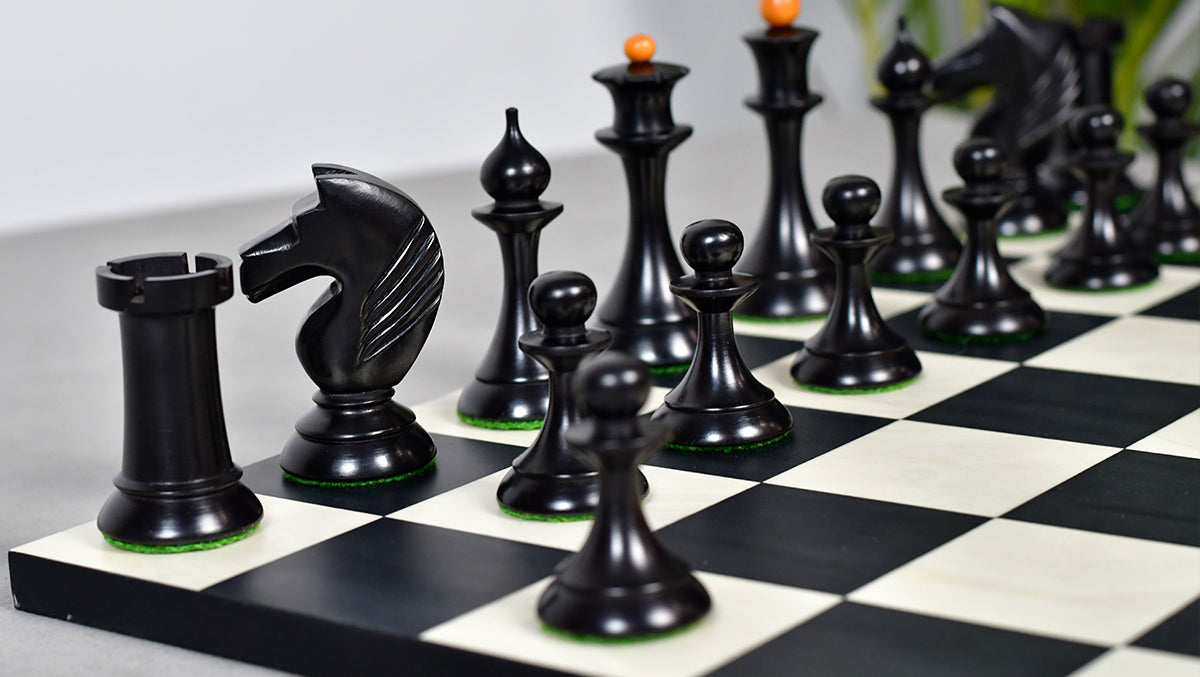 1950s' Soviet (Russian) Latvian Chess Pieces in Ebonized Boxwood / Antiqued Boxwood - 4.1" King Weight 1050 - grams