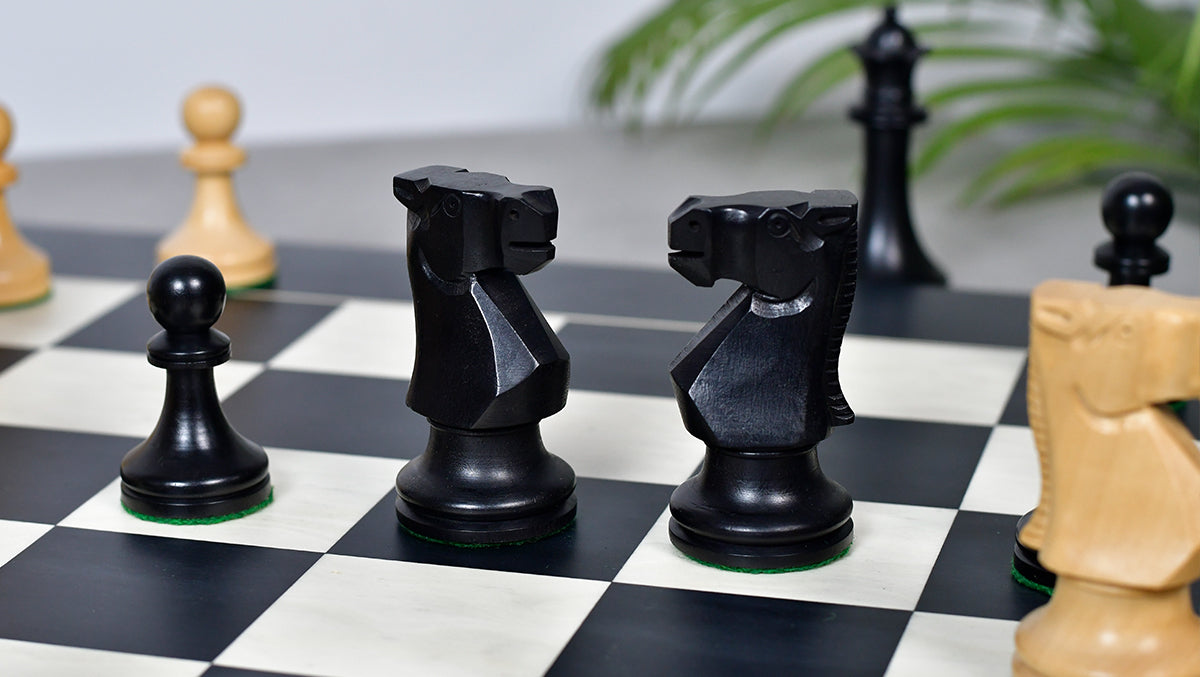 Combo Of Old Vintage English Staunton Series Chess Pieces in Ebonized Wood & Boxwood - 3.8" King With Wooden Black Anigre/ Maple Chess Board
