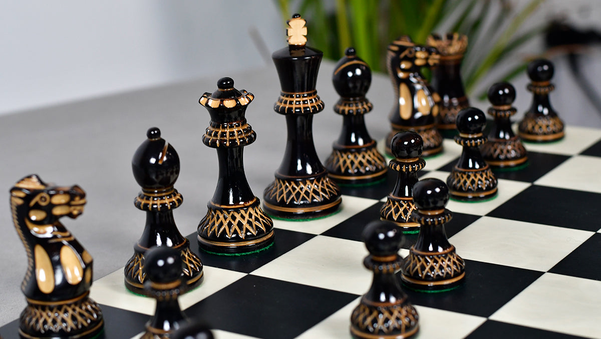 The Parker Staunton Series Lacquered Chess Pieces in Burnt Boxwood & Natural Boxwood - 3.9" King