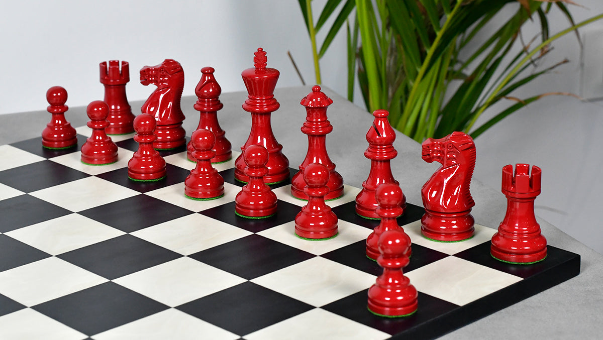Smokey Staunton Series Painted Chess Set - Chess Pieces Only - Black and Red Painted Boxwood - 3.8" King