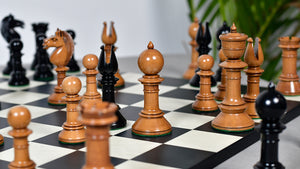 Exclusive Repro Old Antique Edinburgh Upright Chess Pieces in Distressed Boxwood and Ebonized Wood - 4.4" King with Extra Queens
