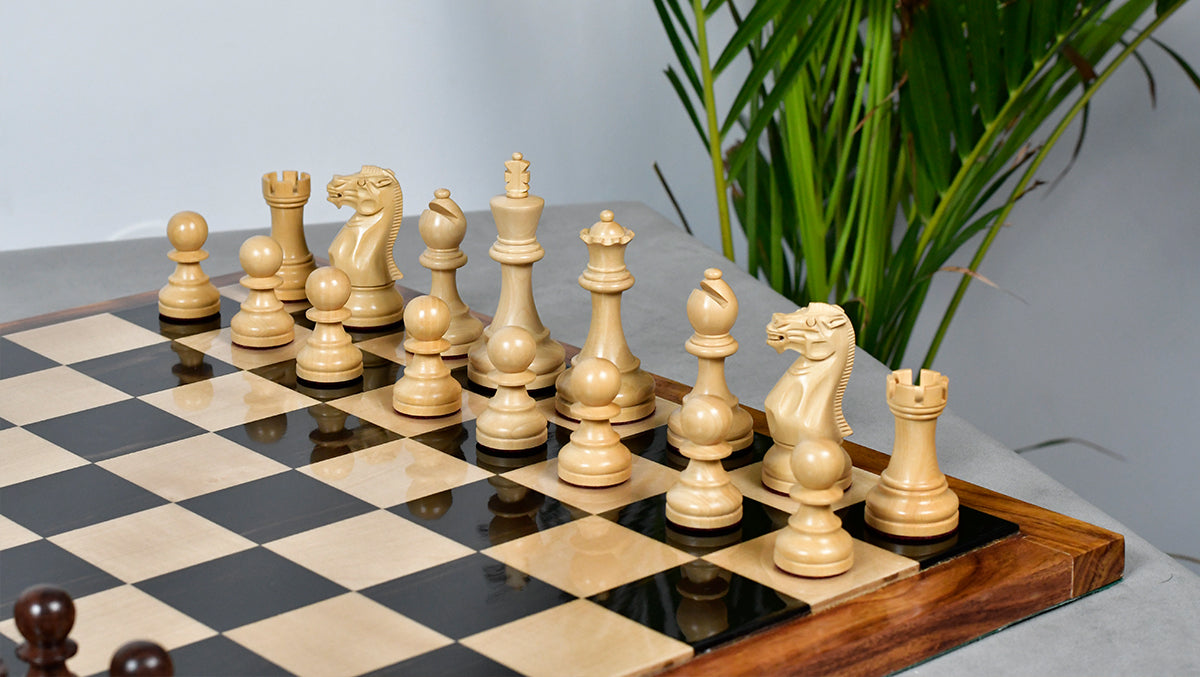 The Judit Polgar Repro Staunton Weighted Tournament Chess Pieces in Anjan Wood & Boxwood 3 ¾ Inch King - 1000 Grams