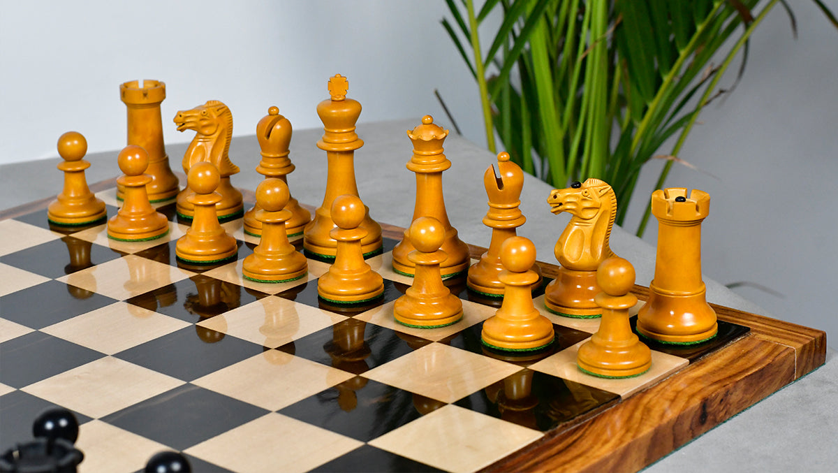 Reproduced Richard Whitty Antique Chess Pieces with King Side Stamping in Ebony / Antiqued Box wood - 3.75" King