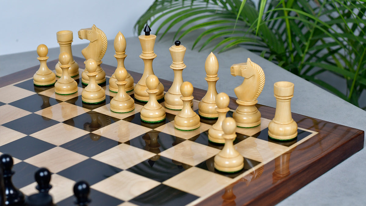 Combo Of Circa 1930s "Leningrad Schoolboy" 4.2 inch King Soviet Chess Pieces in Ebonized & Boxwood - 1530 grams With Solid Wooden Indian Chess Board in Genuine Ebony Wood & Maple Wood with Sheesham Wood Border