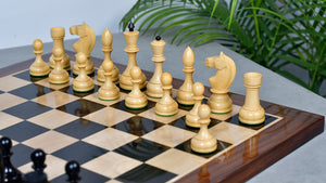 Combo Of Circa 1930s "Leningrad Schoolboy" 4.2 inch King Soviet Chess Pieces in Ebonized & Boxwood - 1530 grams With Solid Wooden Indian Chess Board in Genuine Ebony Wood & Maple Wood with Sheesham Wood Border