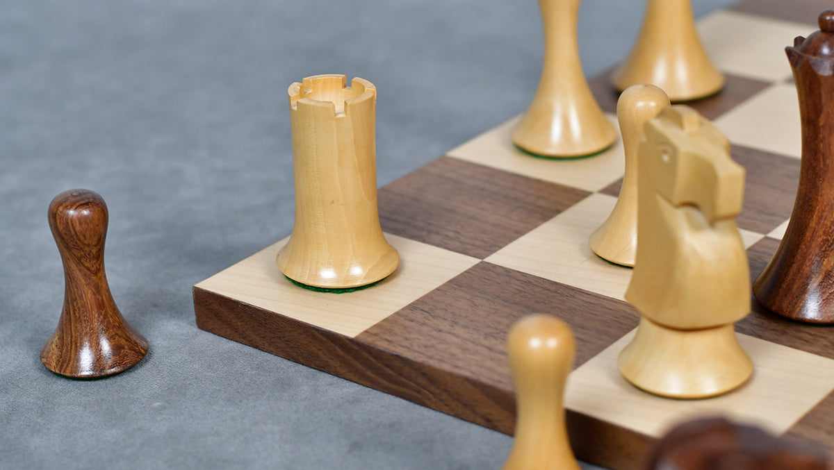 Combo Of Minimalist Soviet-Style Chess Pieces In Sheesham & Boxwood - 3.7” King With Minimalist Walnut Maple Wooden Chess Board Matte Finish