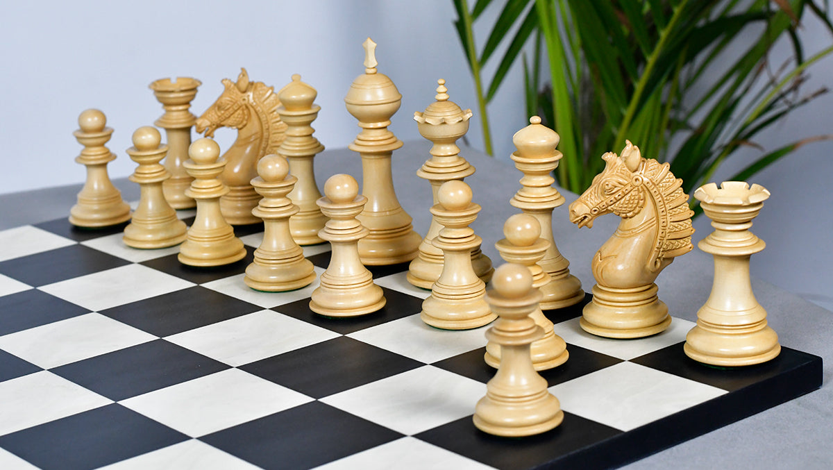 The Sikh Empire Series Triple Weighted Wooden Handmade Chess Pieces in Genuine Ebony Wood and Indian Boxwood - 4.5" King with Extra Queens