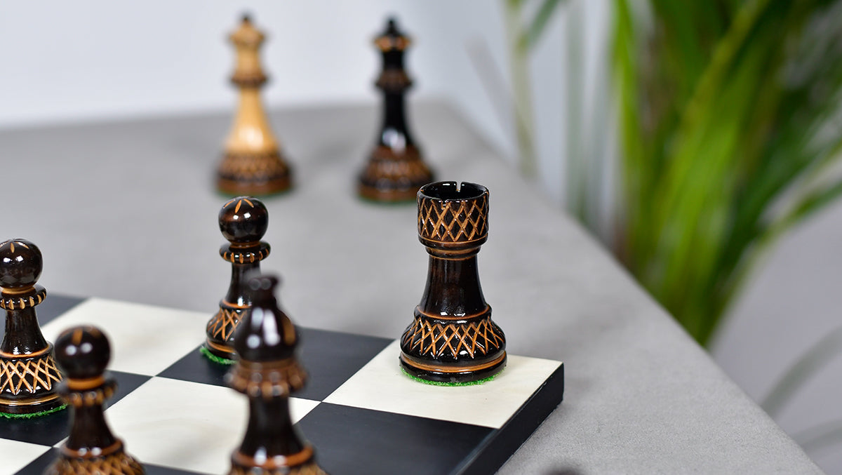 Burnt Blazed Series Handcarved (Lacquerd) Chess Pieces in Burnt Boxwood - 3.8" King