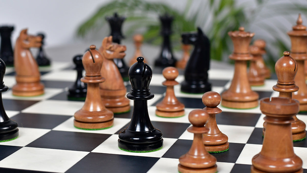 1900s' American Chess Company Reproduction Tournament Chess Set -  Black Ebonized & Antiqued Boxwood 3.8" King