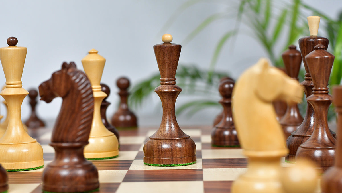 The Soviet Era 1950s' Botvinnik Tournament Weighted Chess Pieces in Sheesham & Boxwood 4.4 inch King - With Santos Palisander pr & Sycamore Chess Board