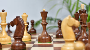The Soviet Era 1950s' Botvinnik Tournament Weighted Chess Pieces in Sheesham & Boxwood 4.4 inch King - With Santos Palisander pr & Sycamore Chess Board