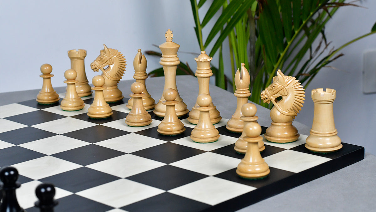 The American Bridle Triple-Weighted Chess Pieces with Extra Queen - Handcrafted in Ebony & Boxwood 4.2" King