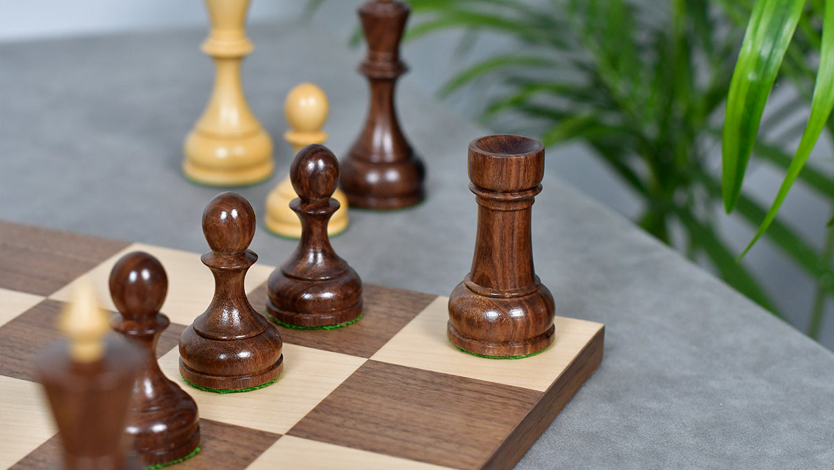 Combo Of Circa 1930s "Leningrad Schoolboy" Soviet Chess Pieces 4.2 inch King in Sheesham & Boxwood - 1530 Grams With Minimalist Walnut Maple Wooden Chess Board Matte Finish
