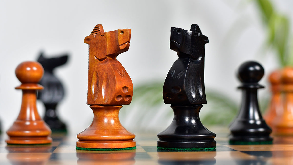 Combo Of The 1973 Philippines Repro International Tournament Chess Pieces in 4.2 Inch King Ebonized & Distressed Antique With Wooden Black Dyed Poplar Olive Chess Board
