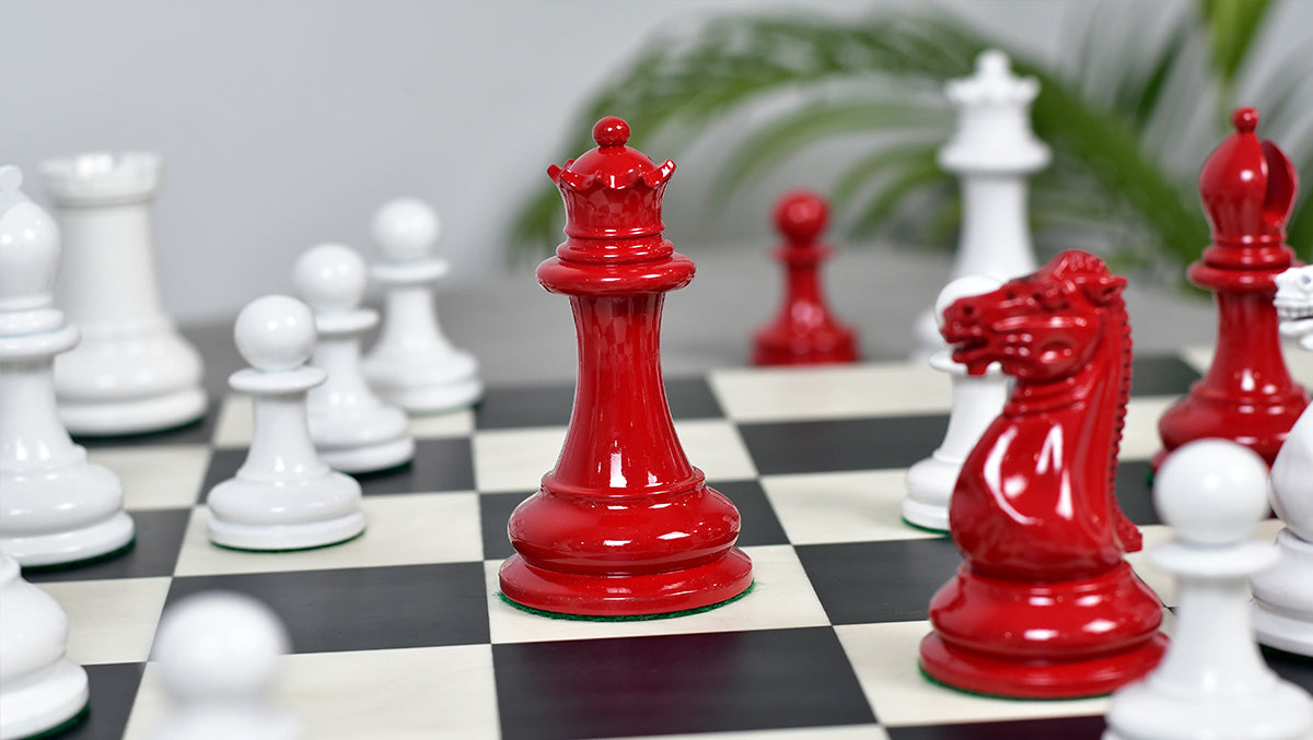 1849 Original Staunton Pattern Painted Chess Pieces (Lacquer Finished) Red Painted Crimson & Ivory White - 4.5" King