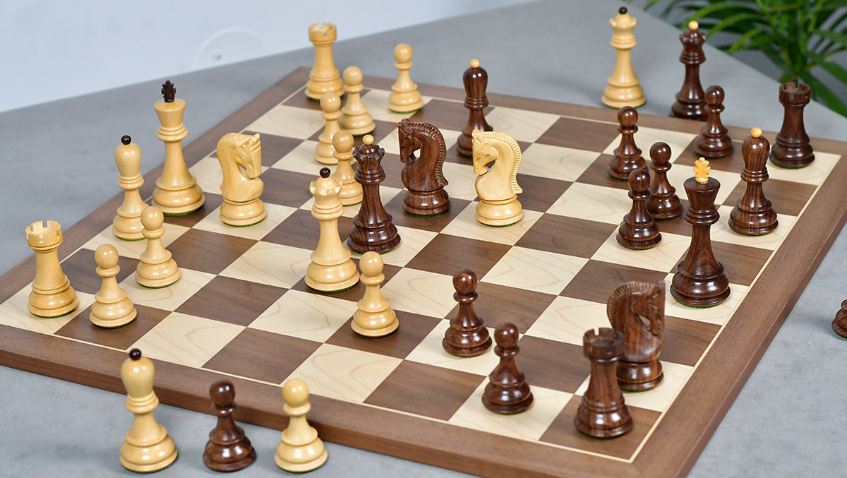 Combo Of 1959 World Chess Championship Russian Zagreb Weighted Chess Pieces in Sheesham / Natural Boxwood 4.14" - King With Wooden Walnut / Maple Chess Board