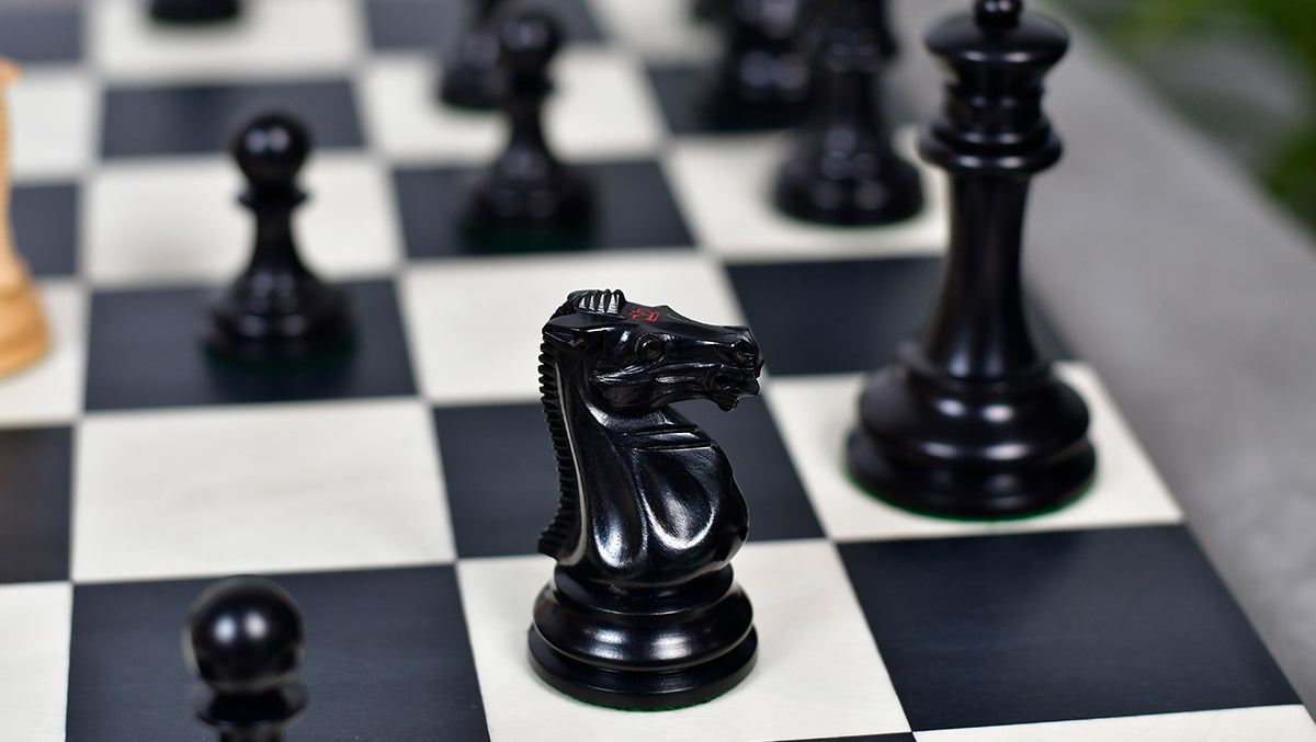 1880s-90s Circa Lasker Staunton Pattern Antique Chess Pieces in Ebony / Boxwood with King Side Stamping - 3.75" King