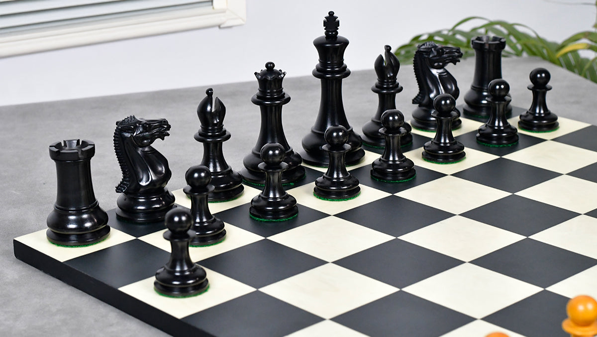 4.5" King - 1849 Original Staunton Pattern Triple Weighted Wooden Chess Pieces in Genuine Ebony & Antiqued Boxwood w/ King Side Stamping