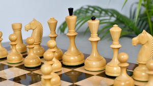 Combo Of 1950s' Botvinnik Tournament Soviet Era Chess Pieces in 4.4 inch King Ebonized Boxwood - 1480 Grams Weight With Solid Wooden Indian Chess Board in Genuine Ebony Wood & Maple Wood with Sheesham Wood Border