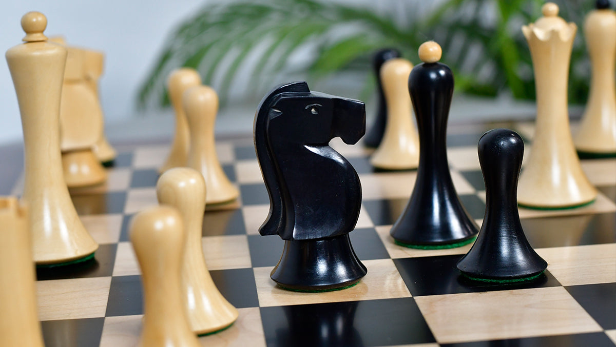 Combo Of Minimalist Soviet-Style Chess Pieces In Ebonized & Boxwood - 3.7” King With Wooden Ebony Wood / Maple Wood Chess Board