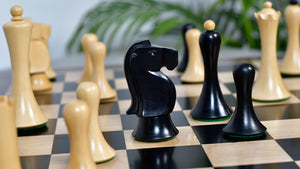Combo Of Minimalist Soviet-Style Chess Pieces In Ebonized & Boxwood - 3.7” King With Wooden Ebony Wood / Maple Wood Chess Board