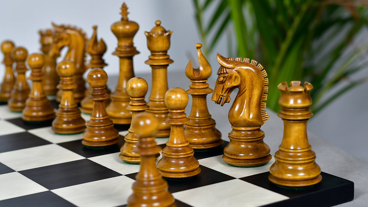 War Admiral Antiqued Chess Pieces – 4.4" King – Handcrafted Staunton Design in Ebony Wood & Antiqued Boxwood