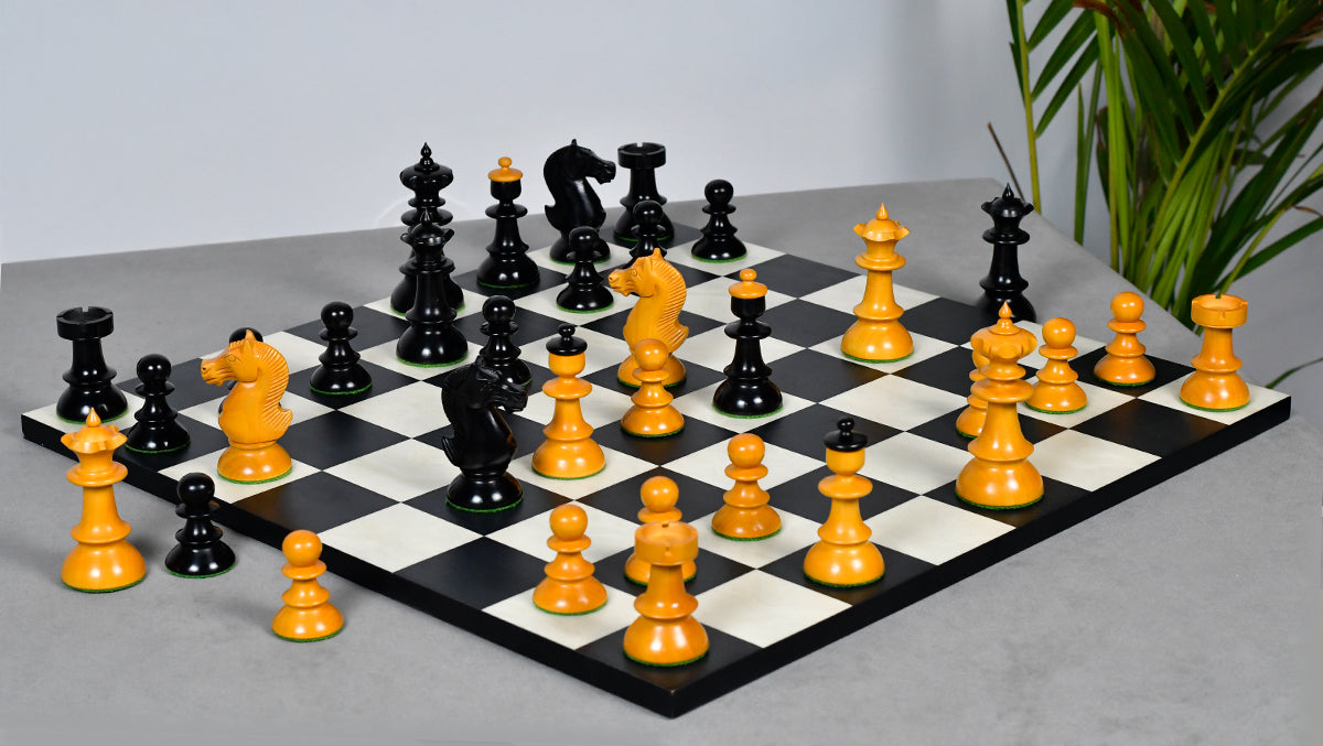 Reproduced Vintage Series Original Austrian Coffee House Old Vienna Chess Pieces in Ebonized and Antique Boxwood V2.0- 3.75" King