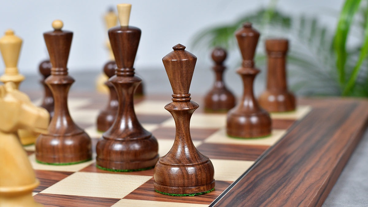 The Soviet Era 1950s' Botvinnik Tournament Weighted Chess Pieces in Sheesham & Boxwood 4.4 inch King - With Santos Palisander pr & Sycamore Chess Board