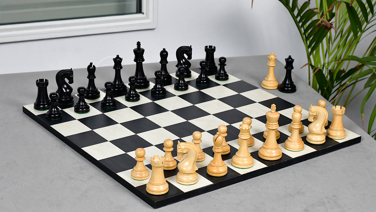 Leningrad Club-Sized Wooden Chess Pieces in Black Ebonized Wood & Boxwood- 4.0" King