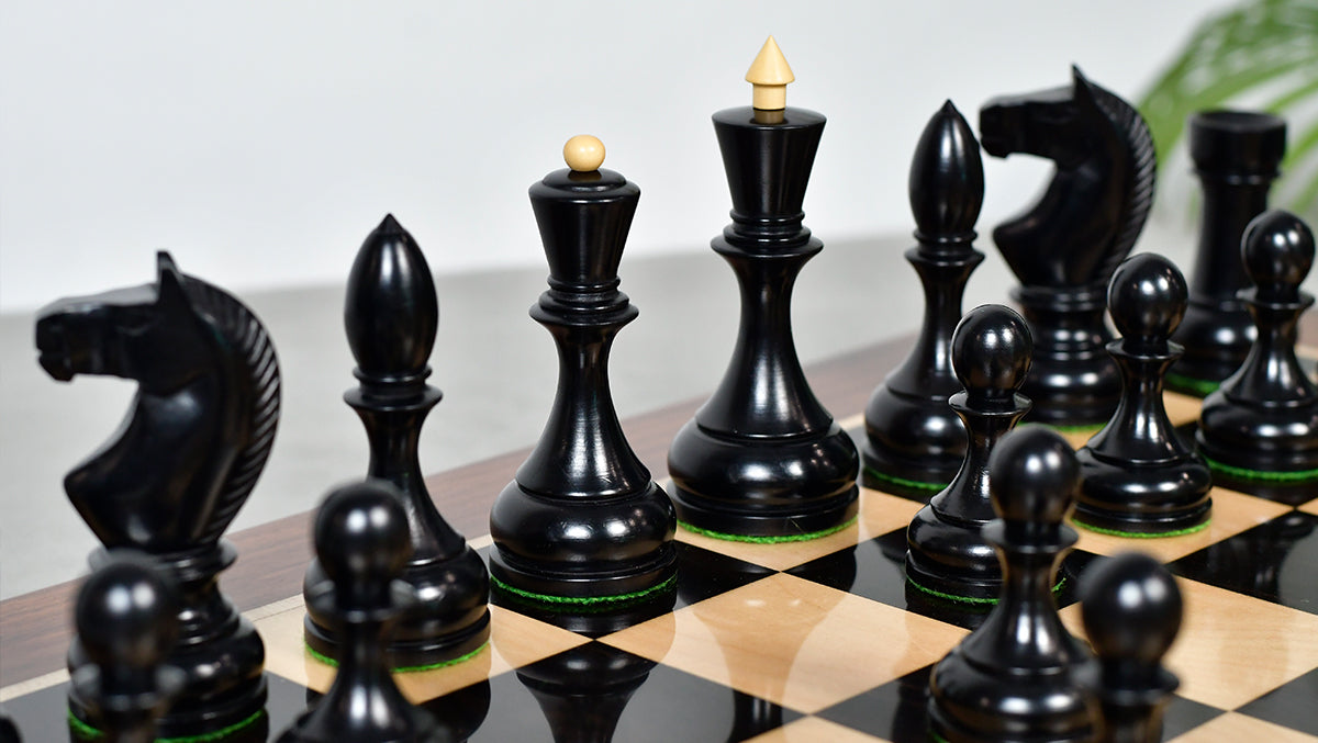 Combo Of Circa 1930s "Leningrad Schoolboy" 4.2 inch King Soviet Chess Pieces in Ebonized & Boxwood - 1530 grams With Solid Wooden Indian Chess Board in Genuine Ebony Wood & Maple Wood with Sheesham Wood Border