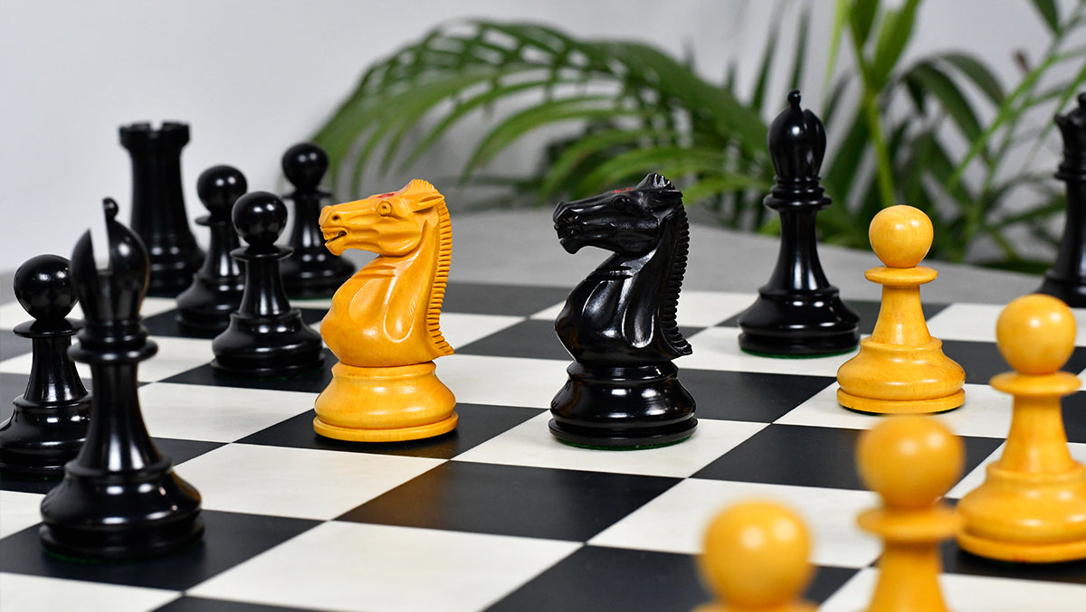 1900s' Marshall Staunton Pattern Chess Pieces in Ebony / Antiqued Boxwood with King Side Stamping - 3.75" King