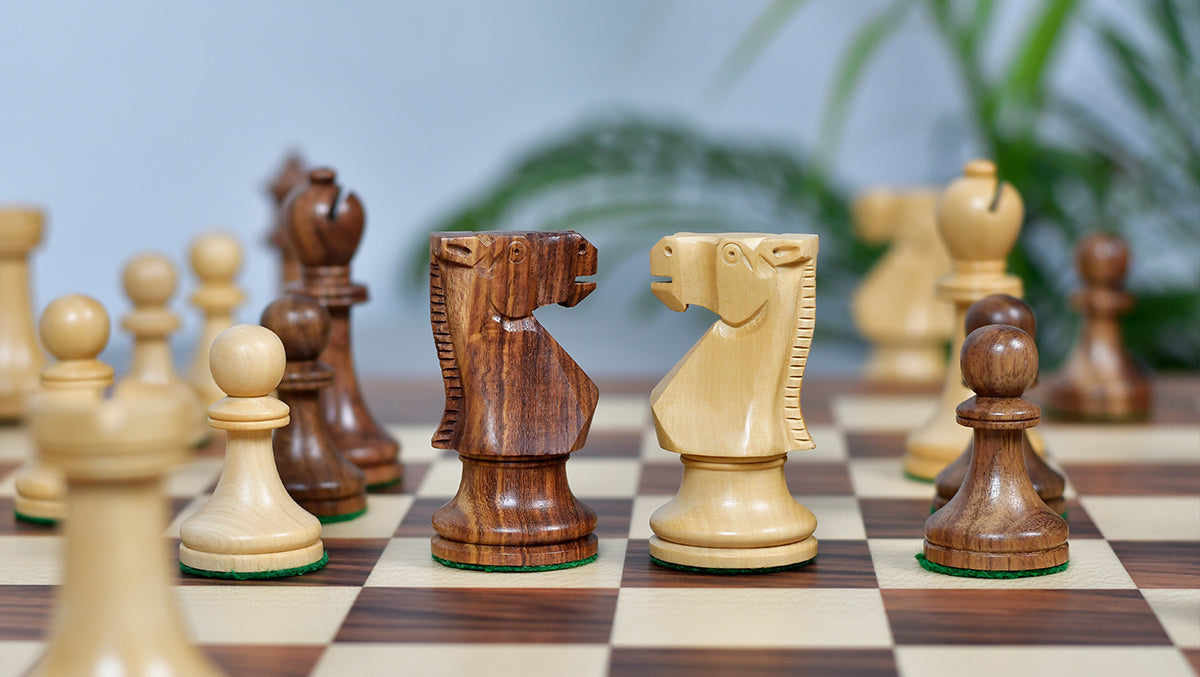Combo Of Old Vintage English Staunton Series Chess Pieces in Sheesham & Bowood - 3.8" King With Santos Palisander pr &amp; Sycamore Chess Board