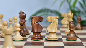 Combo Of Old Vintage English Staunton Series Chess Pieces in Sheesham & Bowood - 3.8" King With Santos Palisander pr &amp; Sycamore Chess Board
