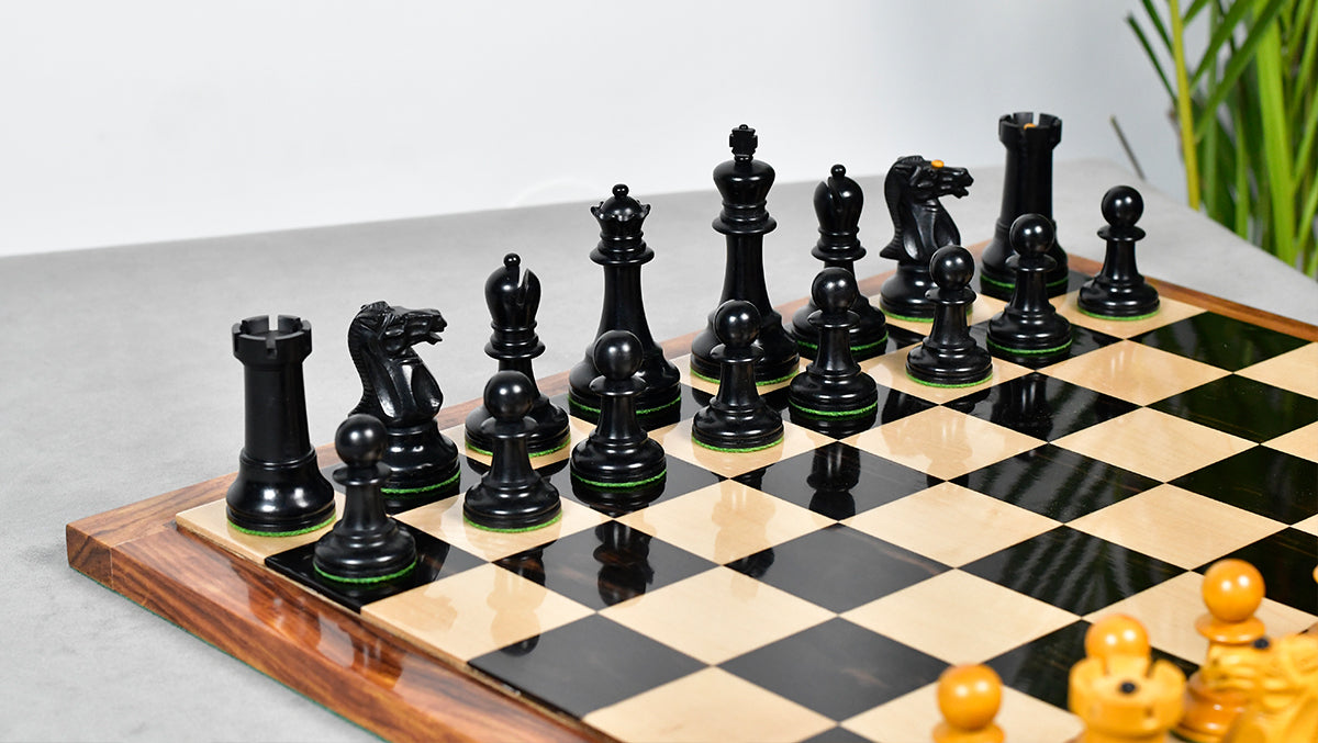 Reproduced Richard Whitty Antique Chess Pieces with King Side Stamping in Ebony / Antiqued Box wood - 3.75" King