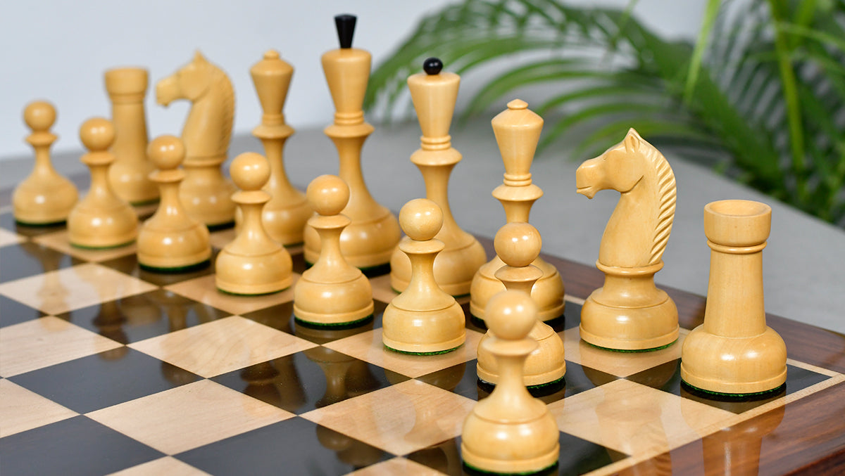 Combo Of 1950s' Botvinnik Tournament Soviet Era Chess Pieces in 4.4 inch King Ebonized Boxwood - 1480 Grams Weight With Solid Wooden Indian Chess Board in Genuine Ebony Wood & Maple Wood with Sheesham Wood Border
