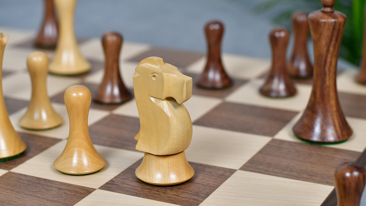 Combo Of Minimalist Soviet-Style Chess Pieces In Sheesham & Boxwood - 3.7” King With Minimalist Walnut Maple Wooden Chess Board Matte Finish