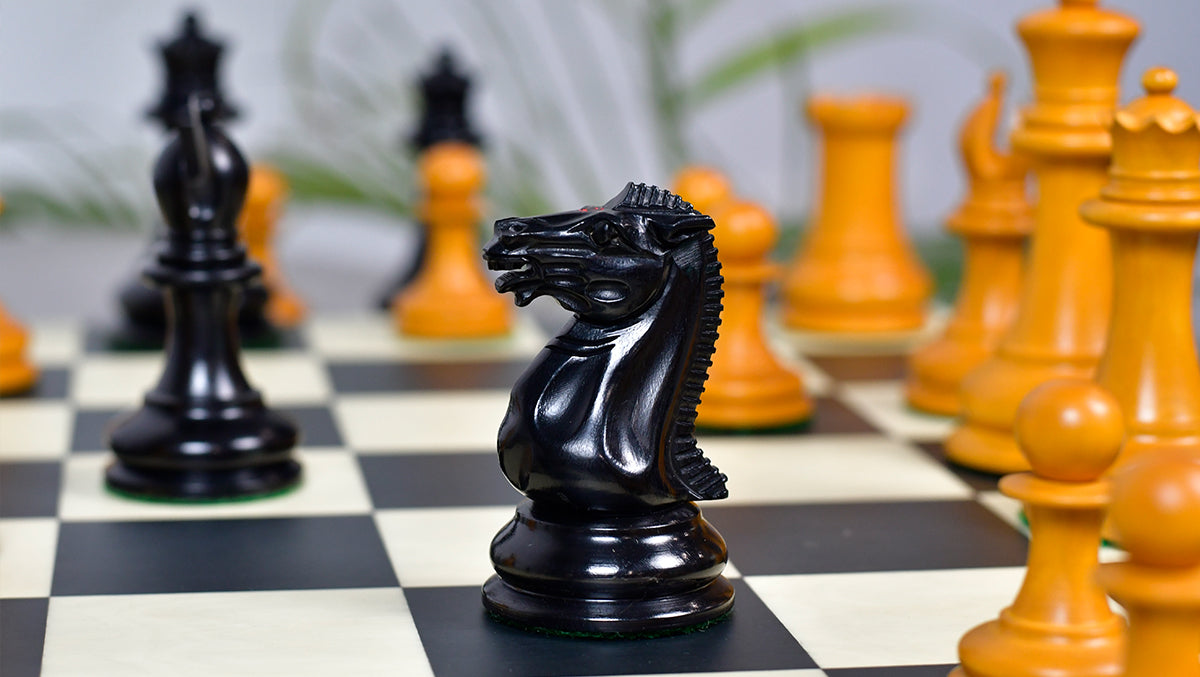 4.5" King - 1849 Original Staunton Pattern Triple Weighted Wooden Chess Pieces in Genuine Ebony & Antiqued Boxwood w/ King Side Stamping
