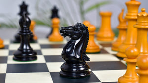 4.5" King - 1849 Original Staunton Pattern Triple Weighted Wooden Chess Pieces in Genuine Ebony & Antiqued Boxwood w/ King Side Stamping