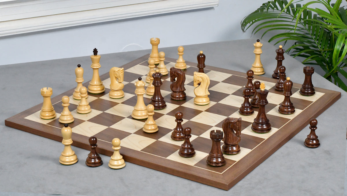 Combo Of 1959 World Chess Championship Russian Zagreb Weighted Chess Pieces in Sheesham / Natural Boxwood 4.14" - King With Wooden Walnut / Maple Chess Board