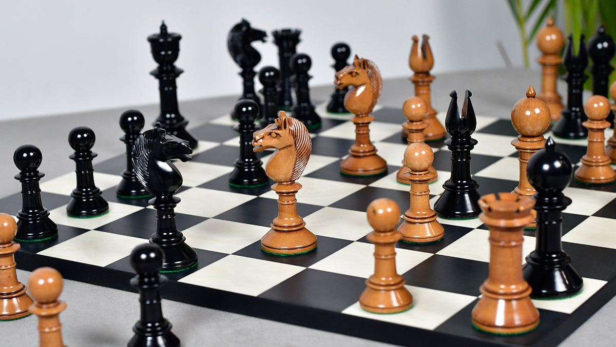 Exclusive Repro Old Antique Edinburgh Upright Chess Pieces in Distressed Boxwood and Ebonized Wood - 4.4" King with Extra Queens