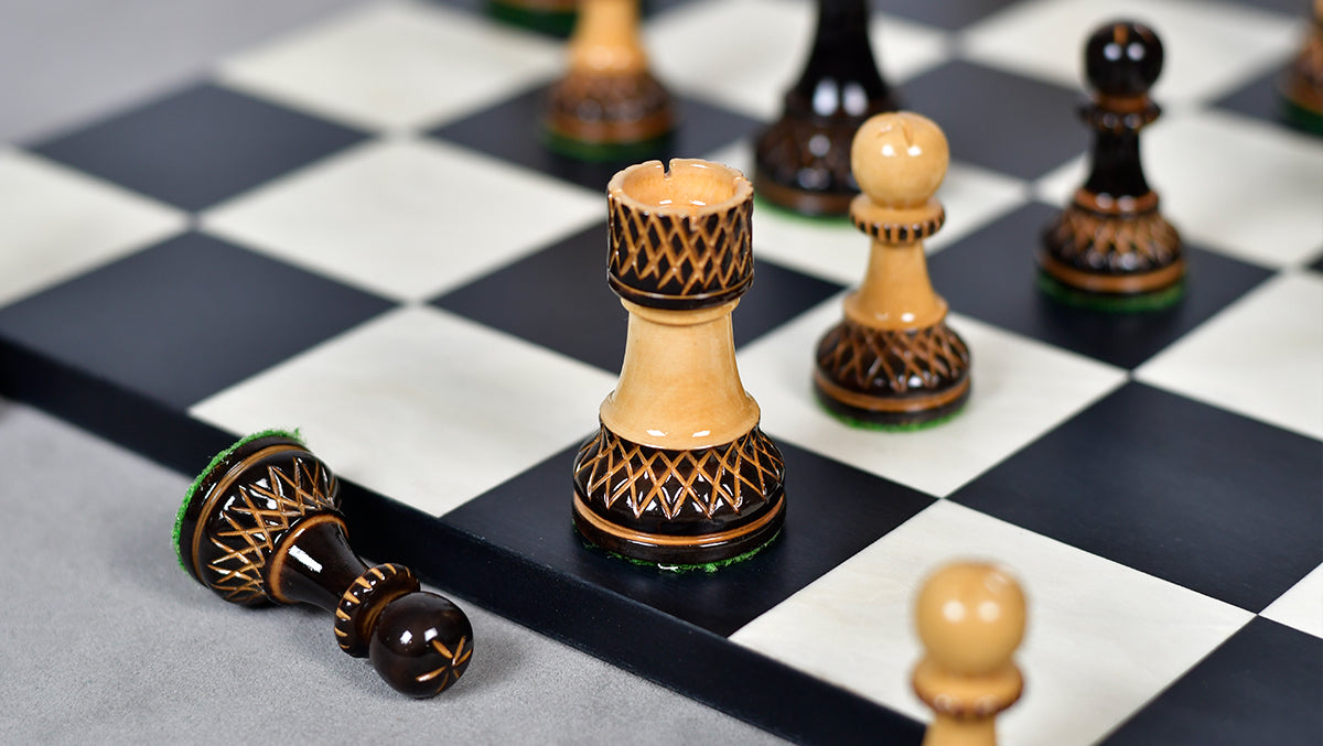 Burnt Blazed Series Handcarved (Lacquerd) Chess Pieces in Burnt Boxwood - 3.8" King