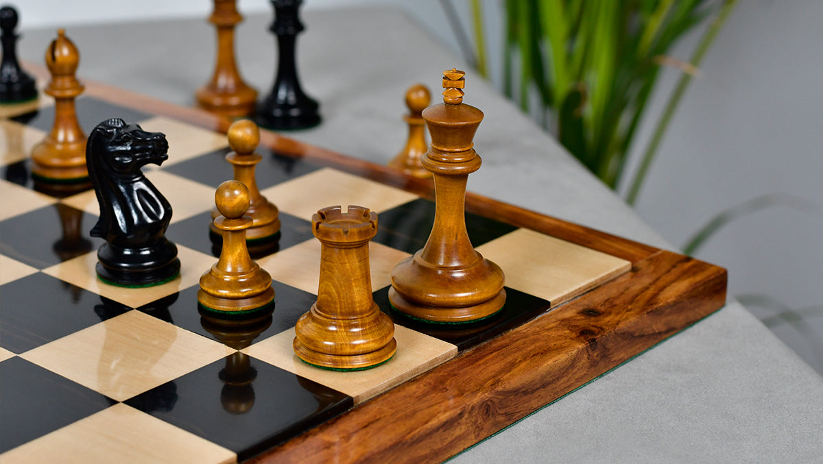 The 1849 Cooke Type 2 Jaques Staunton Weighted 3.5 inch King Chess Pieces in Ebony wood and Vintage Antique Boxwood - 1100 Grams Weight