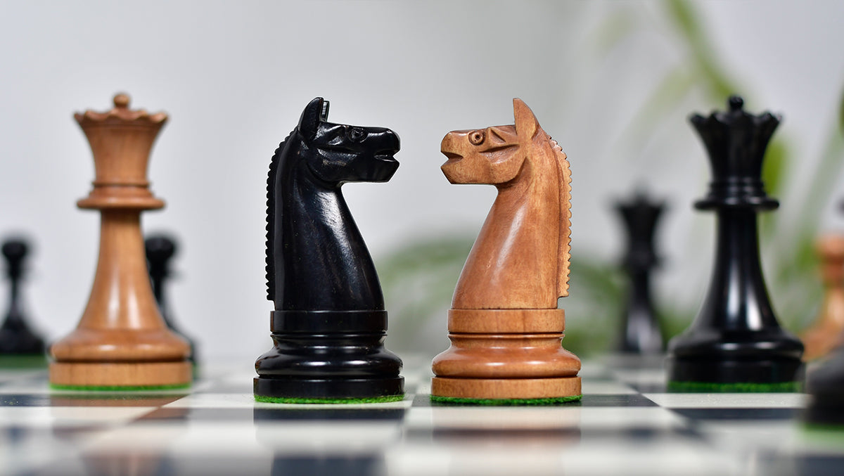 1900s' American Chess Company Reproduction Tournament Chess Set -  Black Ebonized & Antiqued Boxwood 3.8" King