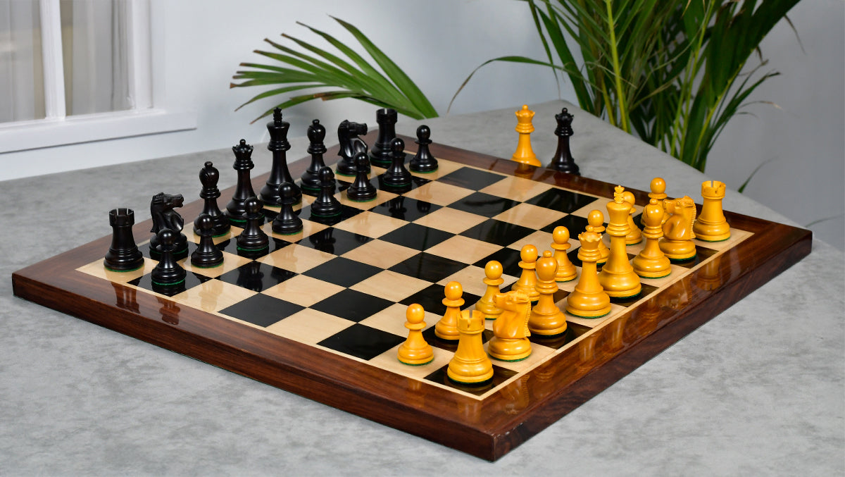 1972 Fischer Spassky Staunton Pattern Chess Pieces V2.0 in Ebonized Wood & Antique Boxwood - 3.78" King