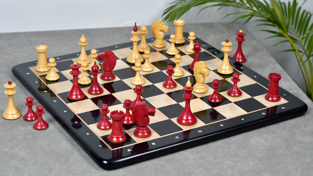 1950s' Soviet (Russian) Latvian Chess Pieces in Stained Crimson / Box Wood - 4.1" King - 1050 Grams