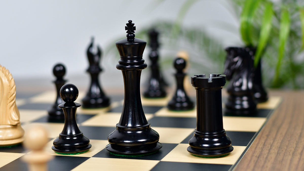 Combo Of 4.4 Inch Luxury Imperial Collector Series Artisan Chess Pieces Triple Weighted in Ebony and Boxwood With Wooden Black Dyed Poplar Sycamore Chess Board
