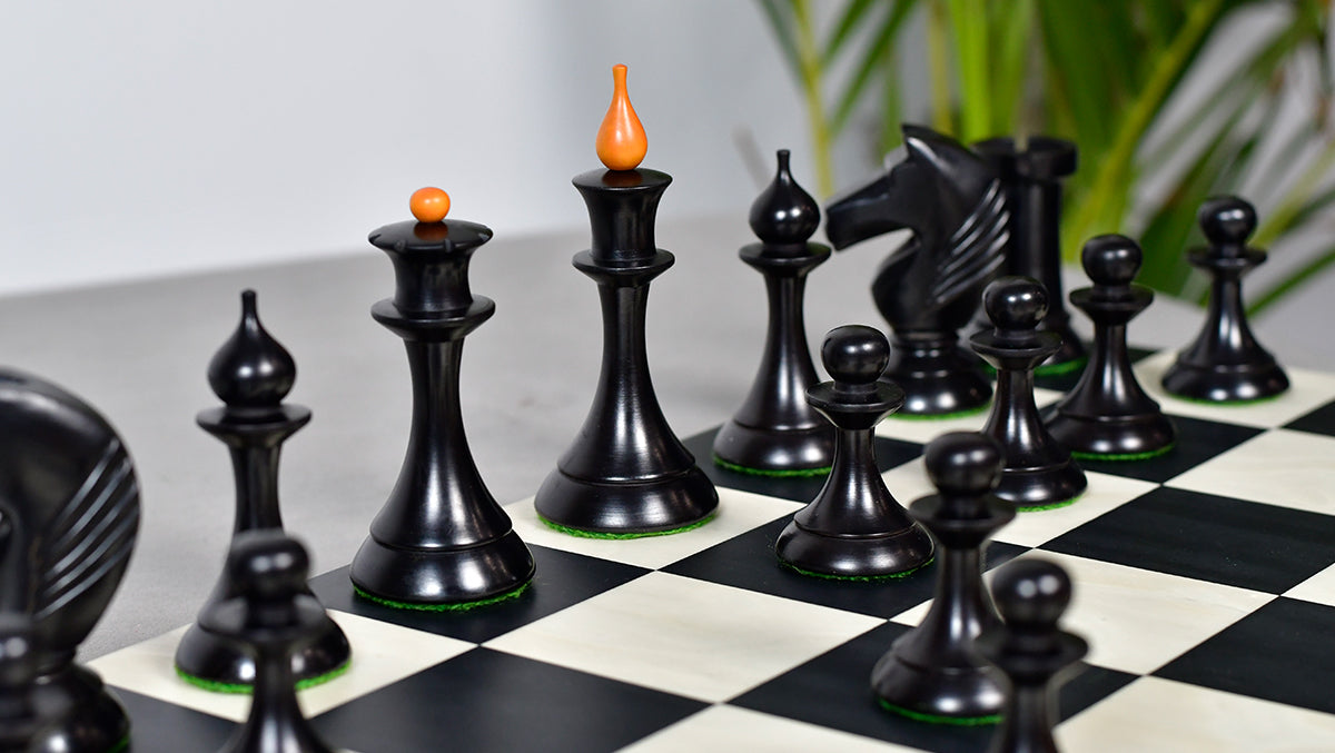 1950s' Soviet (Russian) Latvian Chess Pieces in Ebonized Boxwood / Antiqued Boxwood - 4.1" King Weight 1050 - grams