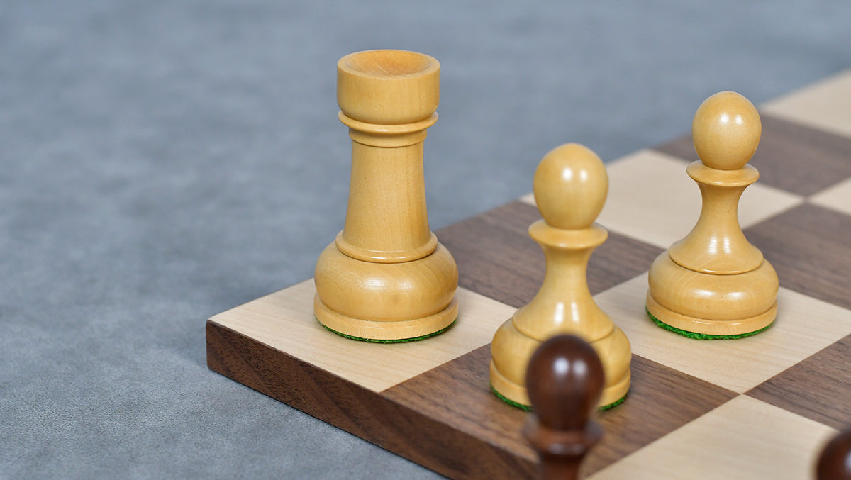 Combo Of Circa 1930s "Leningrad Schoolboy" Soviet Chess Pieces 4.2 inch King in Sheesham & Boxwood - 1530 Grams With Minimalist Walnut Maple Wooden Chess Board Matte Finish