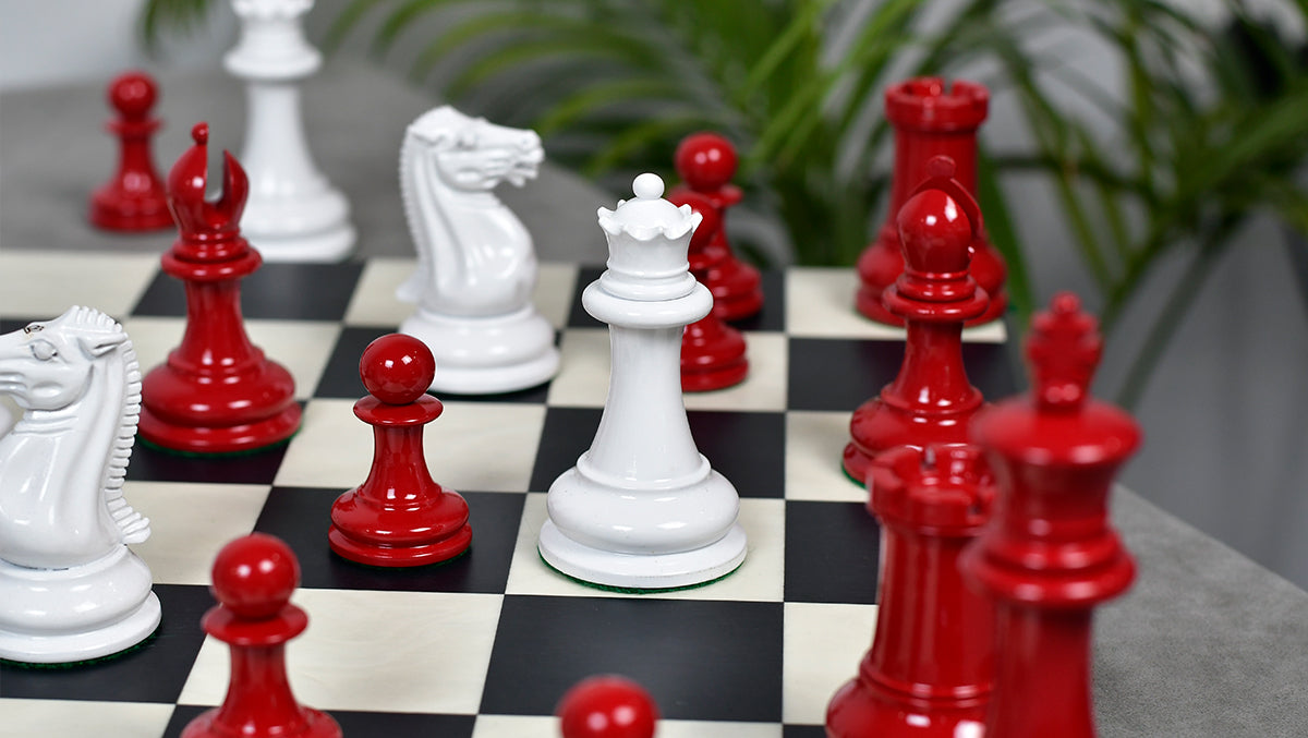 1849 Original Staunton Pattern Painted Chess Pieces (Lacquer Finished) Red Painted Crimson & Ivory White - 4.5" King