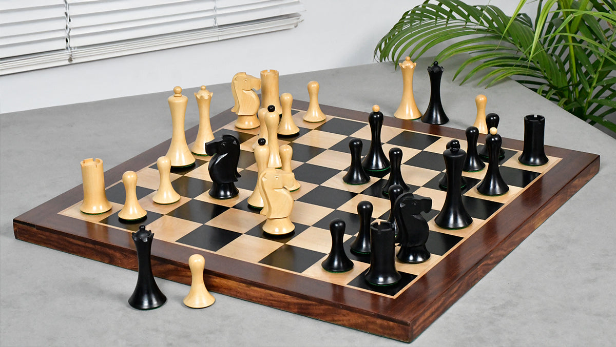 Combo Of Minimalist Soviet-Style Chess Pieces In Ebonized & Boxwood - 3.7” King With Wooden Ebony Wood / Maple Wood Chess Board